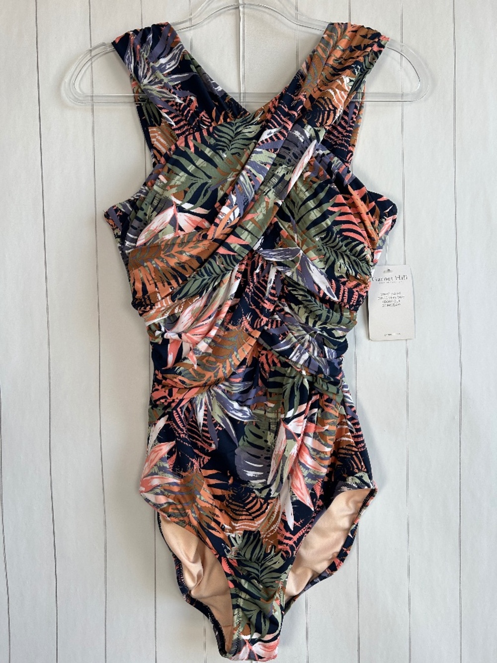 Garnet Hill size 10 one piece swimsuit cross front colorful tropical modest NEW
